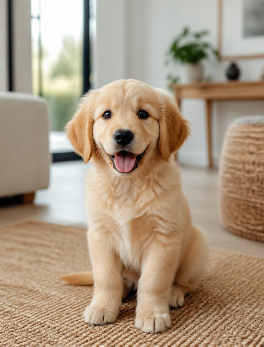 Filhote de golden retriever sentado na sala olhando para a câmera